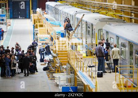 MYTISHCHI - APR 18: Excursionists and press in shop floor at  Mytishchi Metrovagonmash factory, April 18, 2012, Mytishchi, Russia. The plant is famous Stock Photo