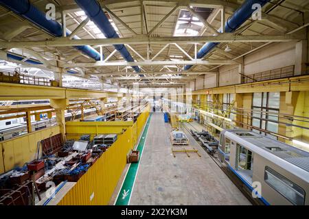 MYTISHCHI - APR 18: Assembling shop floor at  Mytishchi Metrovagonmash factory, April 18, 2012, Mytishchi, Russia. The plant is famous for creating us Stock Photo