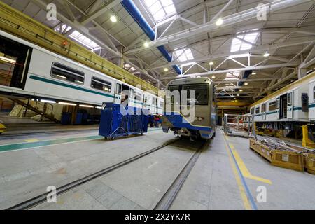 MYTISHCHI - APR 18: Coaches in assembling shop floor at  Mytishchi Metrovagonmash factory, April 18, 2012, Mytishchi, Russia. The plant is famous for Stock Photo