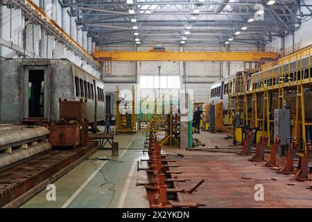 MYTISHCHI - APR 18: Car bodies welding shop floor at  Mytishchi Metrovagonmash factory, April 18, 2012, Mytishchi, Russia. The plant is famous for cre Stock Photo