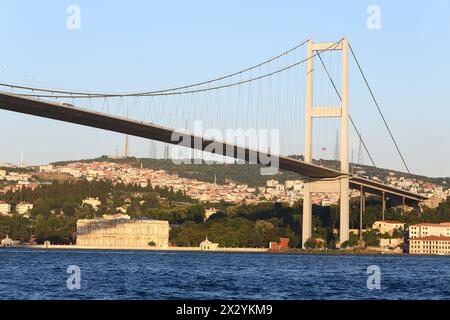 ISTANBUL - JUL 3: Landscape with Ataturk Bridge (Bosphorus Bridge) at sunset on July 3, 2012 in Istanbul, Turkey. Ataturk Bridge is a first suspension Stock Photo