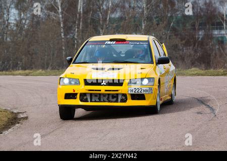 MOSCOW - APR 21: Yellow racing car on Rally Masters Show, on April 21, 2012 in Moscow, Russia Stock Photo