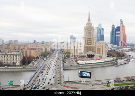 MOSCOW - NOVEMBER 14: Hotel Ukraine and Moscow City business complex, on November 14, 2012 in Moscow, Russia. 25 buildings built in Moscow City comple Stock Photo