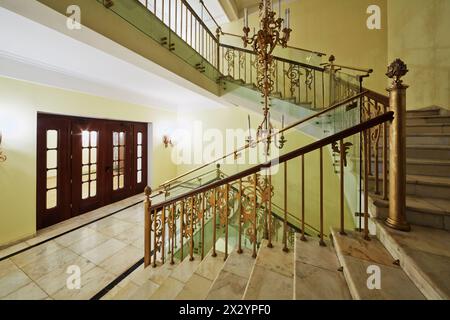 MOSCOW - NOV 15: Old styled stairway and lighting in Hotel Hilton Leningradskaya, November 15, 2012, Moscow, Russia. Hilton Moscow Leningradskaya is l Stock Photo