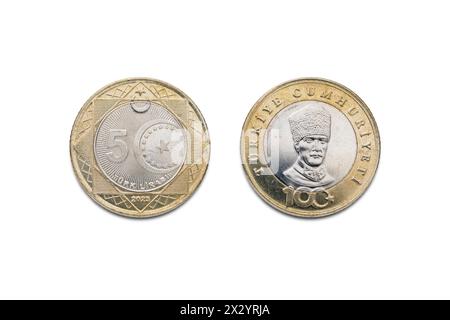 Top view of the front and back of a 5 Turkish lira coin on an isolated white background Stock Photo