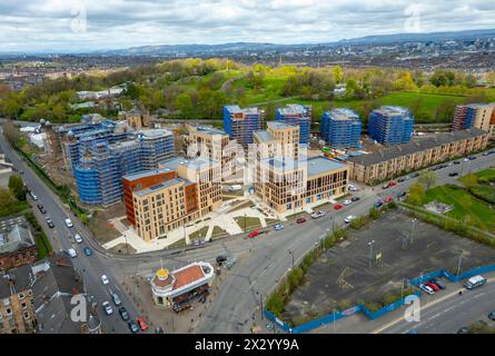Aerial view of new build apartment buildings under construction at The Victoria development  by Sanctuary Scotland in Langside, Glasgow, Scotland, UK Stock Photo