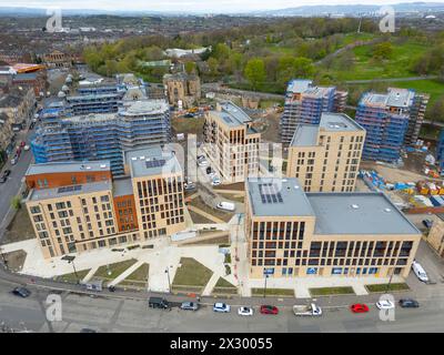 Aerial view of new build apartment buildings under construction at The Victoria development  by Sanctuary Scotland in Langside, Glasgow, Scotland, UK Stock Photo