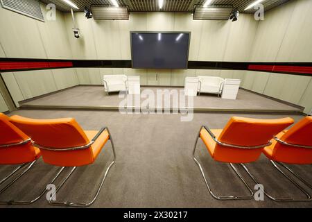 MOSCOW - FEB 28: Small conference hall in International multimedia center of RIA Novosti, Feb 28, 2012, Moscow, Russia. In press center there are 5 pr Stock Photo