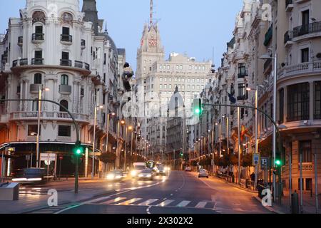 Telefonica building on Gran Via street in Madrid, Spain. Telefonica building in early XX century it was considered first skyscraper in Europe. Stock Photo