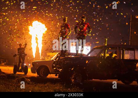 MOSCOW - AUG 25: Beautiful final with confetti and fire on Festival of art and film stunt Prometheus in Tushino on August 25, 2012 in Moscow, Russia. Stock Photo
