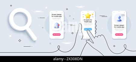 Phone screen banners with 3d search magnifier. Continuous line hands hold smart phone template. Cellphone frame with alert bell, star and placeholder Stock Vector