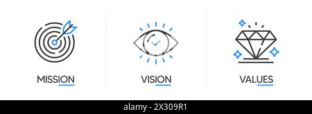 Mission, vision and values of business company. Target with arrow, business view, diamond icon. Success template. Vector Stock Vector