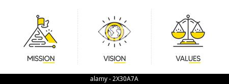 Mission, vision and values of business company. Target goal, global view and scales icons. Success template. Vector Stock Vector