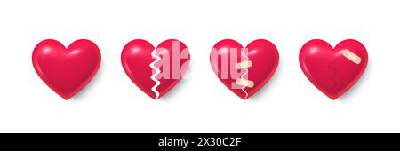 Broken hearts set of 3d realistic icons. Heartbreak with bandage. Legal heart, love bandage, pain hurts. Vector Stock Vector