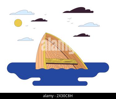 Drowning boat on river line cartoon flat illustration Stock Vector