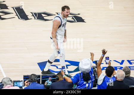 Los Angeles, USA. 23rd Apr, 2024. Dallas Mavericks' Luka Doncic celebrates after scoring during the NBA first-round playoff match between Los Angeles Clippers and Dallas Mavericks in Los Angeles, the United States, April 23, 2024. Credit: Zhao Hanrong/Xinhua/Alamy Live News Stock Photo