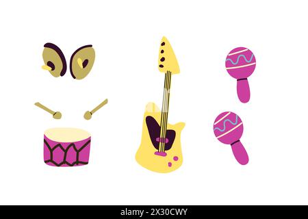 Vector set of musical instruments. Orchestra classical and ethnic instruments. Vector illustration of drum, guitar, saxophone, trumpet, violin, banjo Stock Vector