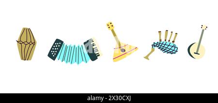 Vector set of musical instruments. Orchestra classical and ethnic instruments. Vector illustration of drum, guitar, saxophone, trumpet, violin, banjo Stock Vector