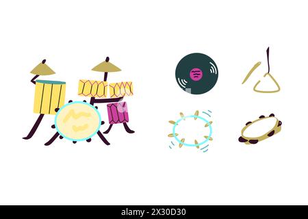 Vector set of musical instruments. Orchestra classical and ethnic instruments. Vector illustration of drum, guitar, saxophone, trumpet, violin, banjo Stock Vector