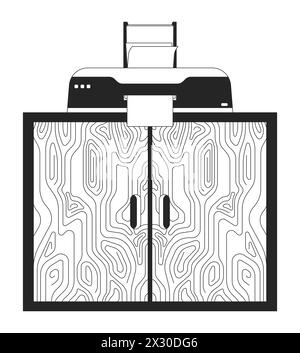 Printer with paper sheet on cabinet black and white 2D line cartoon object Stock Vector