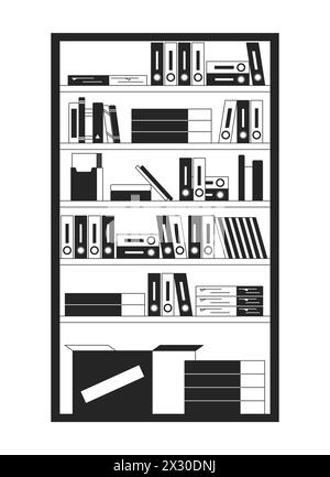 Bookcase filled with folders and boxes 2D linear cartoon object Stock Vector