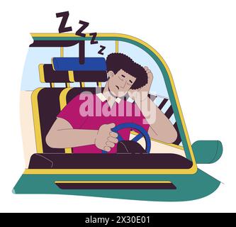 Latin man falling asleep while driving line cartoon flat illustration Stock Vector