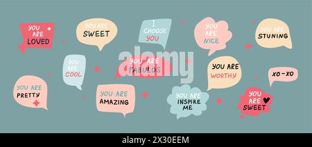 Set of speech bubbles with compliment phrases, self love quotes. Vector illustration can use for banner, poster. Stock Vector