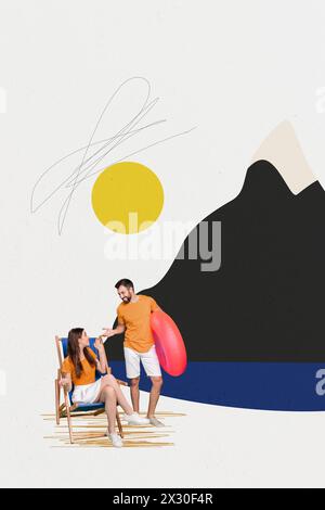 Vertical photo image picture young couple happy positive mood wild nature vacation weekend mountain lake sea sun drawing background Stock Photo