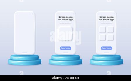Phone screen mockups on the 3d podium stage. Cellphone templates with frames. Smart phone application. Vector Stock Vector