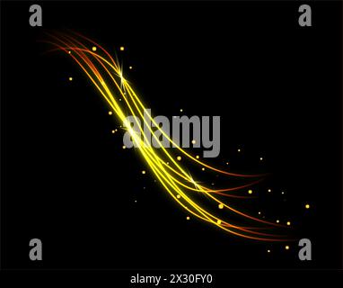 Yellow-red intersecting laser beams, glowing stripes. Abstract vector illustration isolated on black background. Stock Vector