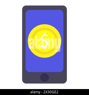 Phone, coin, dollar, cryptocurrency, flat design, simple image, cartoon style. The concept of making money on the Internet. Vector line icon for busin Stock Vector