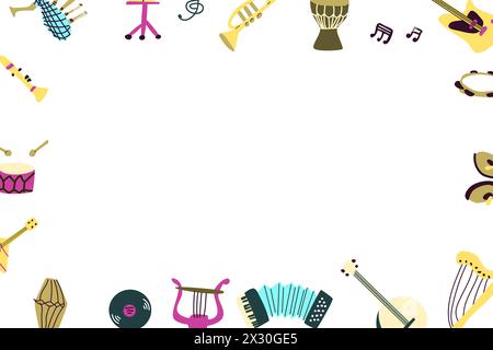 Vector frame with musical instruments piano, guitar, tradition classical instruments. Orchestra includs drum, triangle, tambourine, piano, trumpet, sa Stock Vector