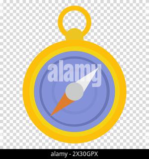 Compass with gold frame, navigation, pathfinding, north, south, west, east, flat design, simple image, cartoon style. Concept of orienteering, hiking. Stock Vector