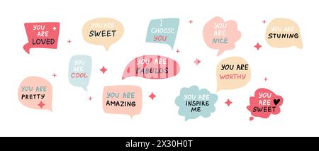 Set of speech bubbles with compliment phrases, self love quotes. Vector illustration can use for banner, poster. Stock Vector