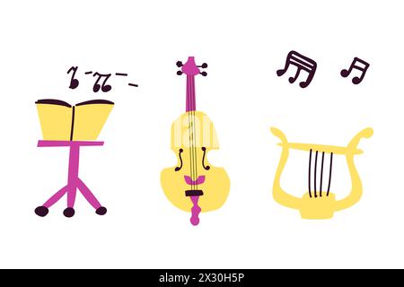 Vector set of musical instruments. Orchestra classical and ethnic instruments. Vector illustration of drum, guitar, saxophone, trumpet, violin, banjo Stock Vector