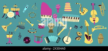 Vector set of musical instruments. Orchestra classical and ethnic instruments. Vector illustration of drum, guitar, saxophone, trumpet, violin, banjo Stock Vector