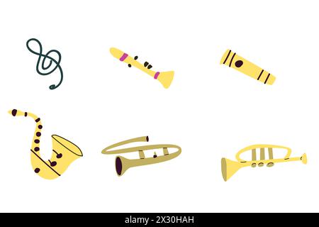 Vector set of musical instruments. Orchestra classical and ethnic instruments. Vector illustration of drum, guitar, saxophone, trumpet, violin, banjo Stock Vector