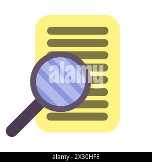 Magnifying glass, piece of paper, will, text, print, flat design, simple image, cartoon style. Concept of investigation, study. Vector line icon for b Stock Vector