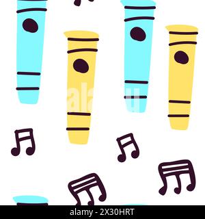 Seamless pattern for music festival. Bright background design with musical instruments - flute and notes Stock Vector