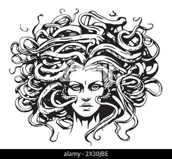 Medusa, vintage illustration in engraving style. Gorgo, Greek sculpture head, hand drawing in vector. Stock Vector