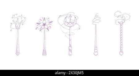 Magic wands doodle set. Fairytale element in sketch style. Hand drawn vector illustration isolated on white background Stock Vector