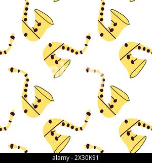 Seamless pattern for music festival. Bright background design with musical instrument saxophone. Stock Vector
