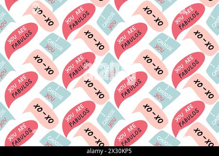 Background of speech bubbles with compliment phrases, self love quotes with star, seamless pattern. Vector illustration can use for textile, fabric de Stock Vector