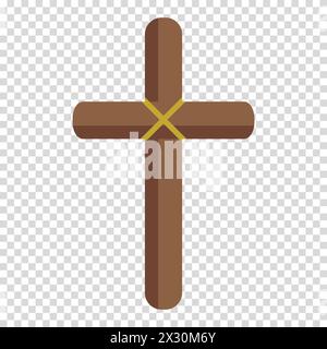 Brown wooden cross knitted with yellow thread, hope, memory, grave, flat design, simple image, cartoon style. Religion and faith concept. Vector line Stock Vector