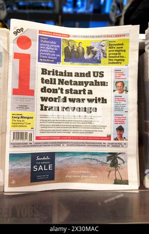 'Britain and US tell Netanyahu don't start a world war with Iran revenge' i newspaper headline front page Israel Iranian news 16 April 2024 London UK Stock Photo