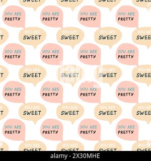 Background of speech bubbles with compliment phrases, self love quotes with star, seamless pattern. Vector illustration can use for textile, fabric de Stock Vector