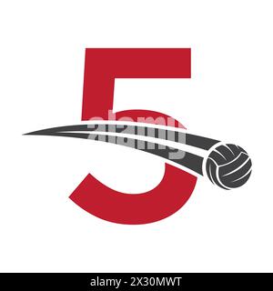 Volleyball Logo On Letter 5 Concept With Moving Volleyball Symbol. Volleyball Sign Stock Vector