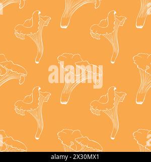 Pattern with Chanterelle mushrooms, white outline, hand-drawn on an orange background. Vector illustration Stock Vector