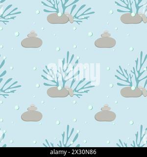 Pattern of seaweed and corals with stones on the bottom of the blue ocean, in pastel colors. Vector illustration Stock Vector