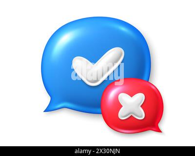 Right and wrong 3d speech bubbles. Quiz answer time game. Glossy round icons with a checkmark, cross. Vector Stock Vector